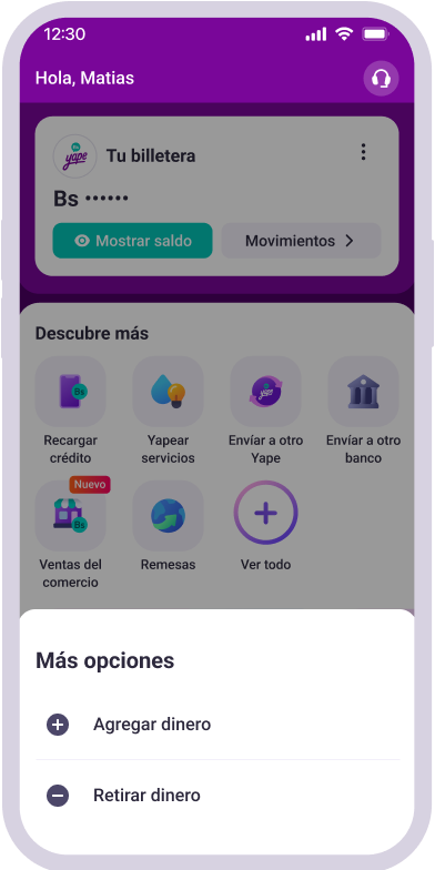 Pantalla de inicio de Yape con la opción Retirar dinero en Más opciones